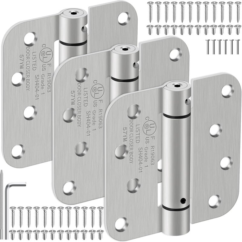 IOQ 4 Inch Self Closing Door Hinges, 5/8" Radius Corners Spring Loaded Hinges for Exterior, Garage, Front and Back Door, UL Listed, for Left and Right Hand Door, Brushed Nickel, 3 Pack - Image 1